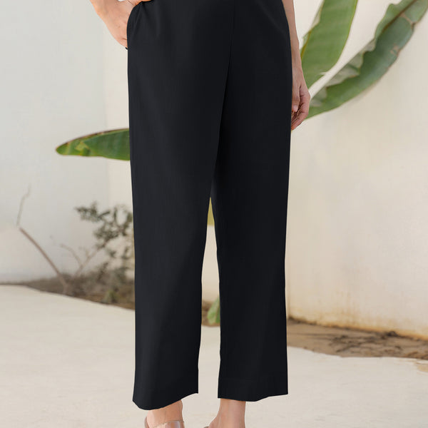 Janasya Black Cotton Solid Pant