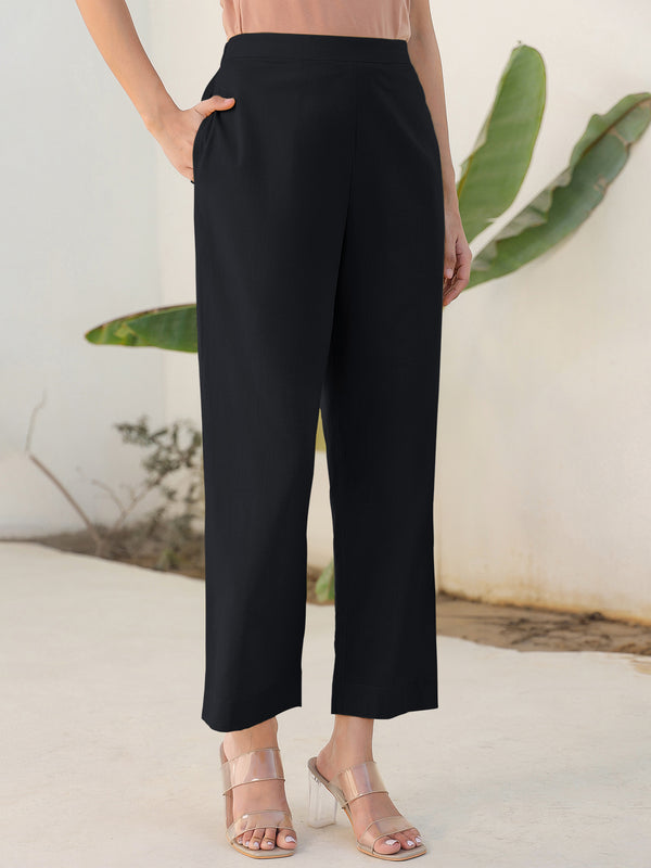 Janasya Black Cotton Solid Pant