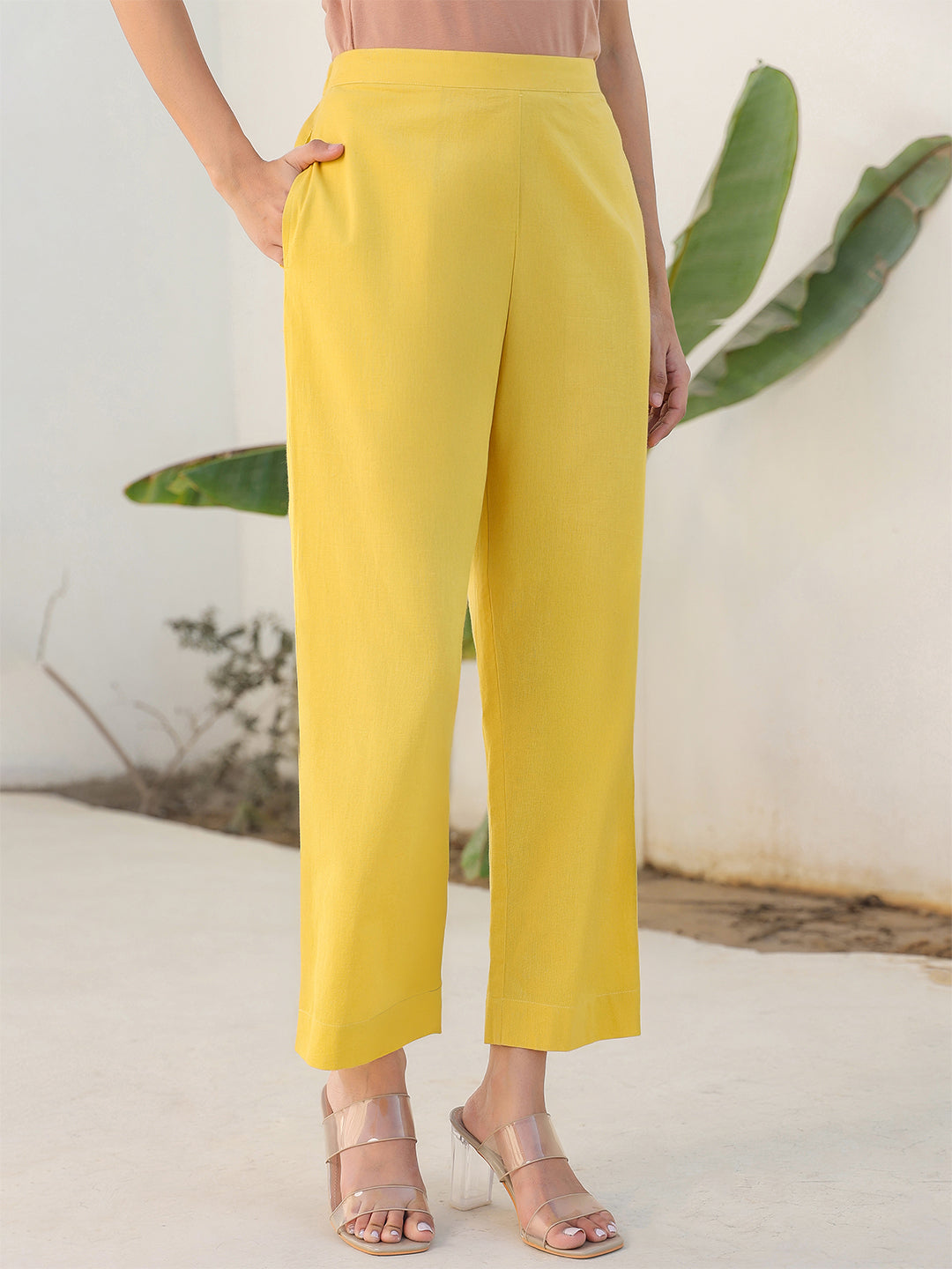 Janasya Yellow Cotton Solid Pant