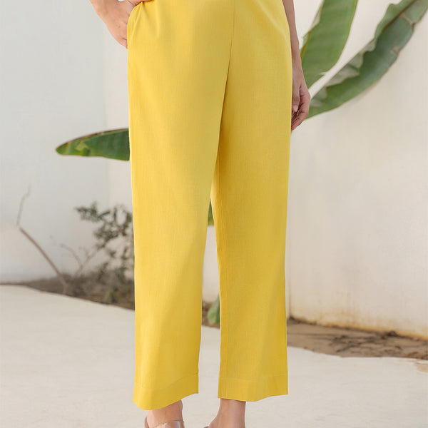Janasya Yellow Cotton Solid Pant