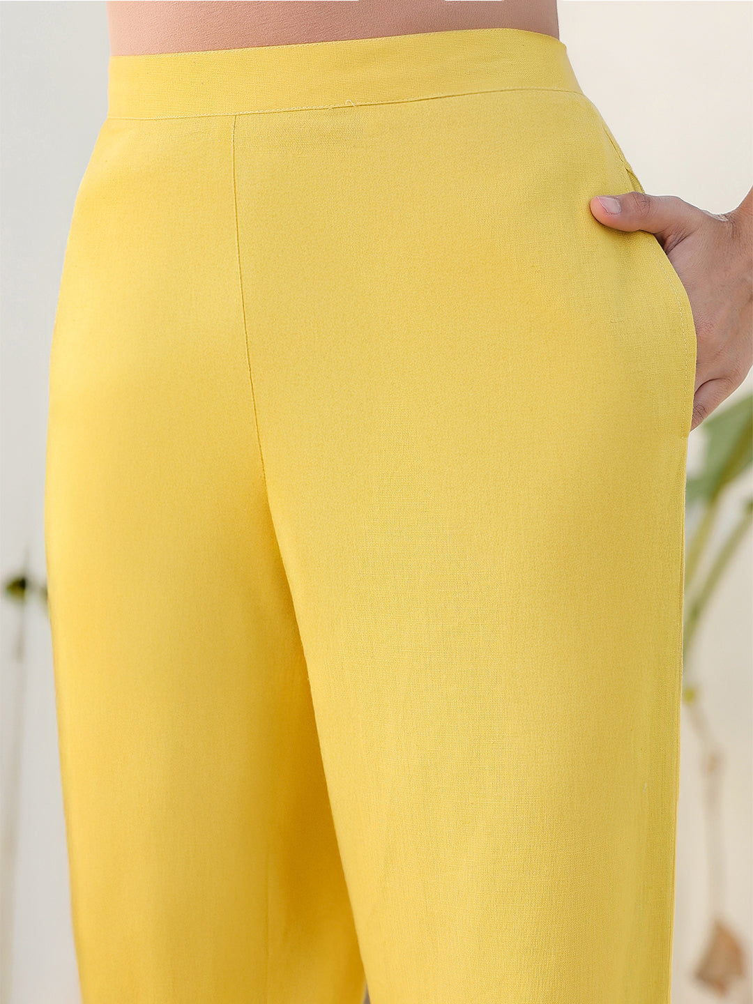 Janasya Yellow Cotton Solid Pant