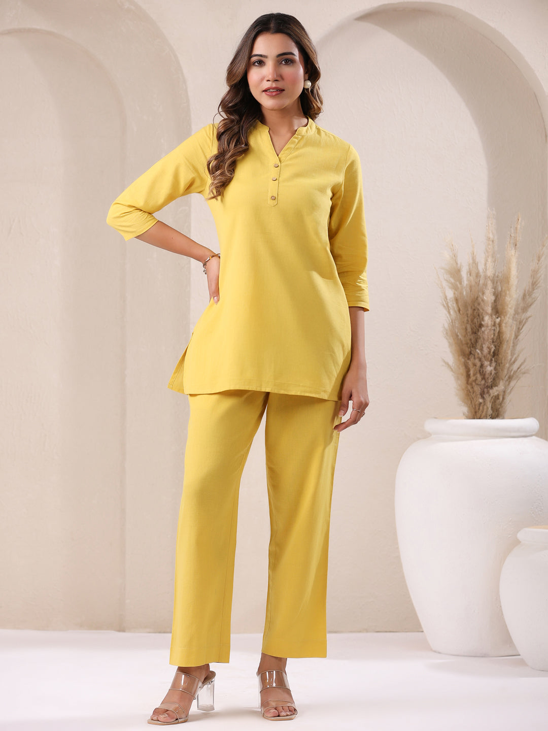 Janasya Yellow Cotton Solid Pant