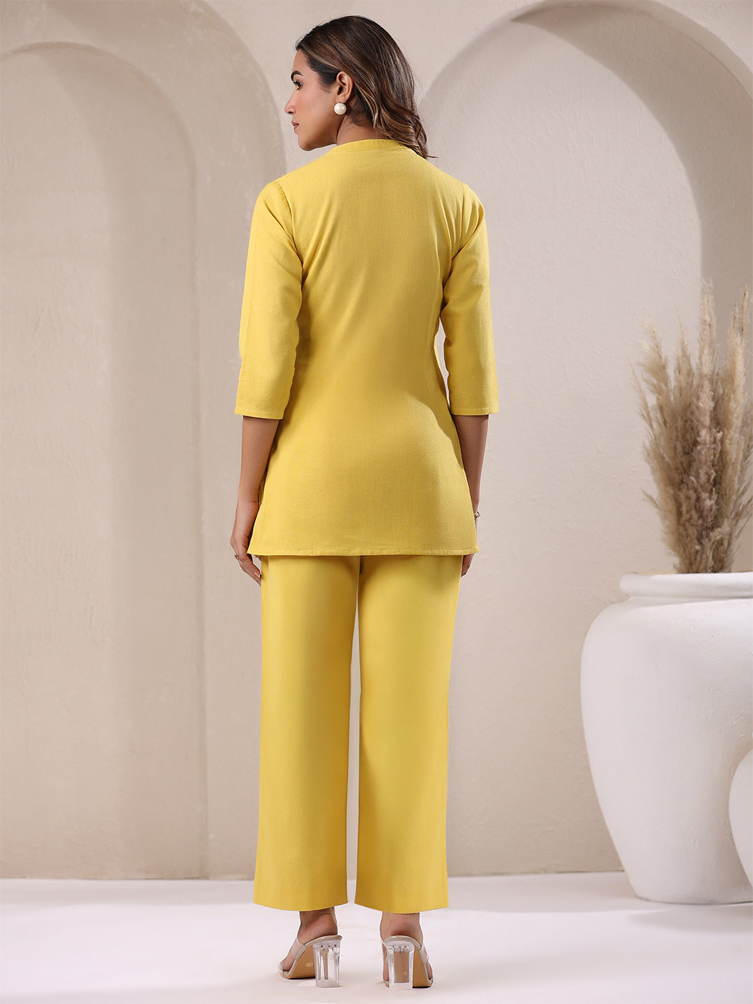 Janasya Yellow Cotton Solid Pant