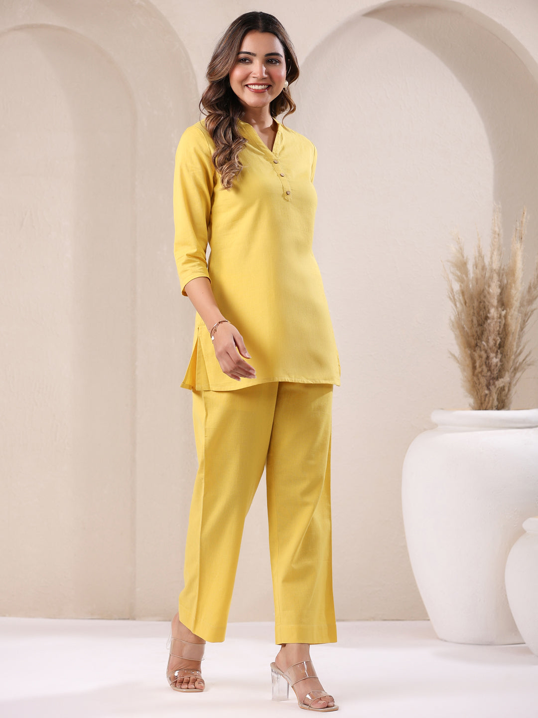 Janasya Yellow Cotton Solid Pant