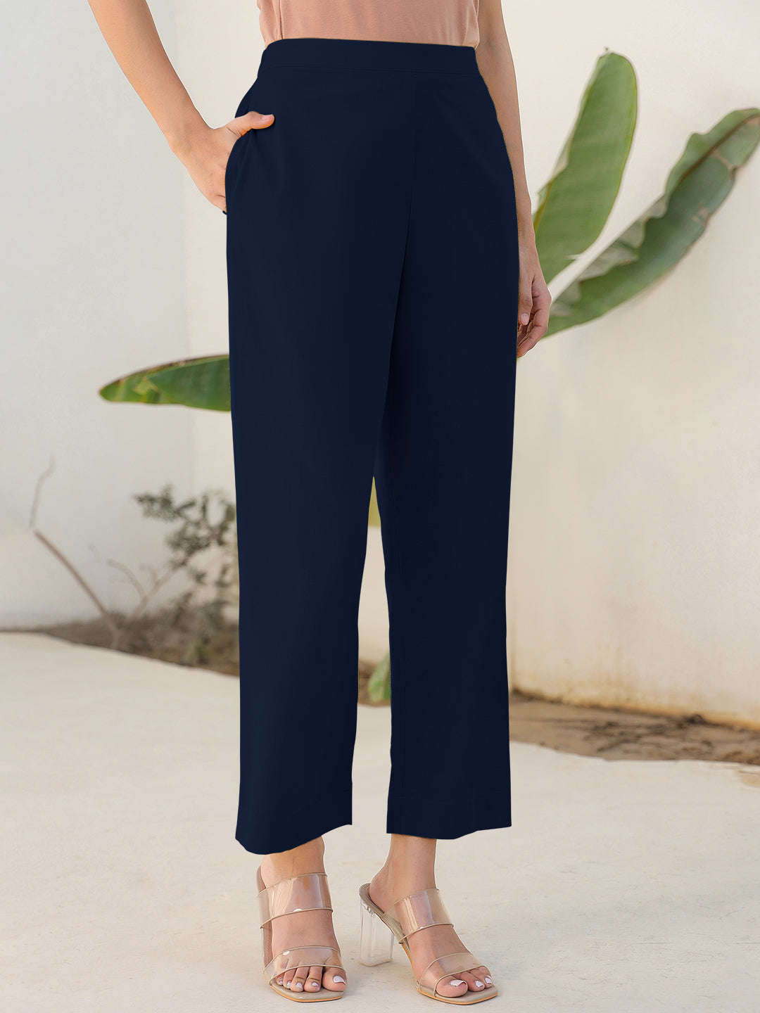 Janasya Navy Blue Cotton Solid Pant