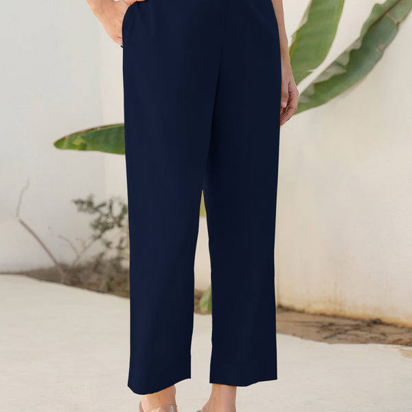 Janasya Navy Blue Cotton Solid Pant