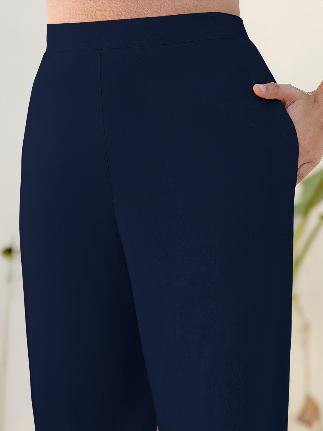 Janasya Navy Blue Cotton Solid Pant