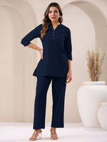 Thumbnail for Janasya Navy Blue Cotton Solid Pant