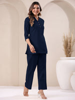 Thumbnail for Janasya Navy Blue Cotton Solid Pant
