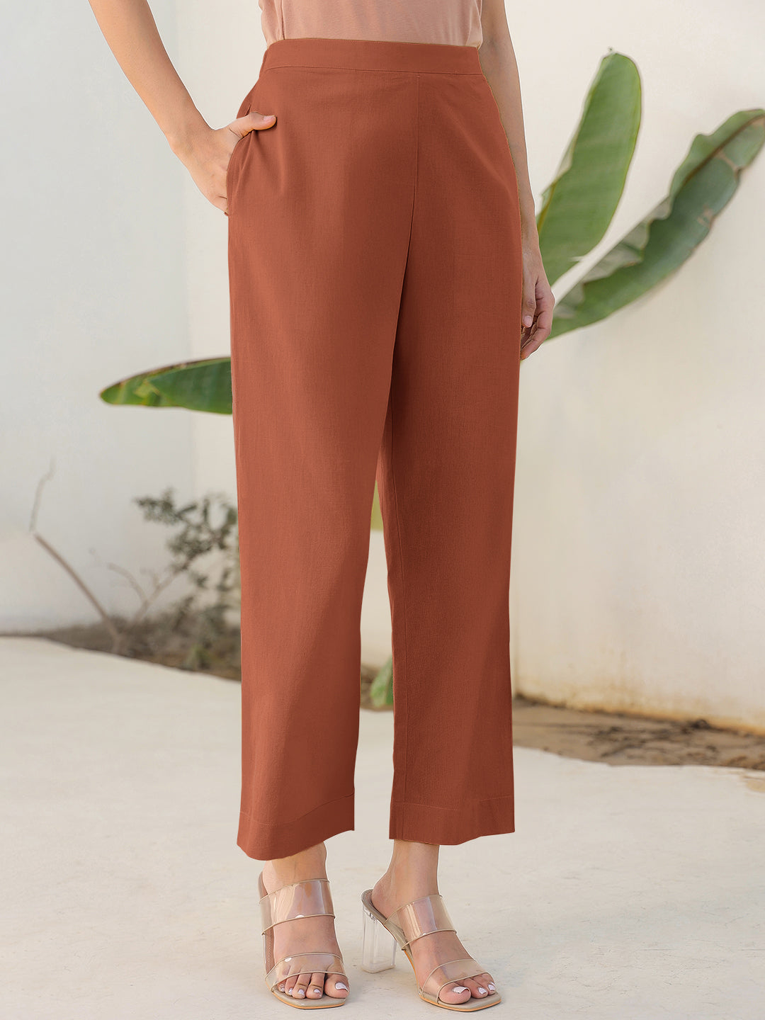 Janasya Rust Cotton Solid Pant