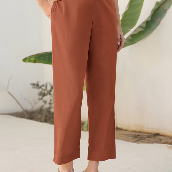 Janasya Rust Cotton Solid Pant