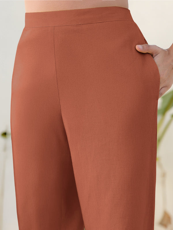 Janasya Rust Cotton Solid Pant