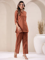 Thumbnail for Janasya Rust Cotton Solid Pant