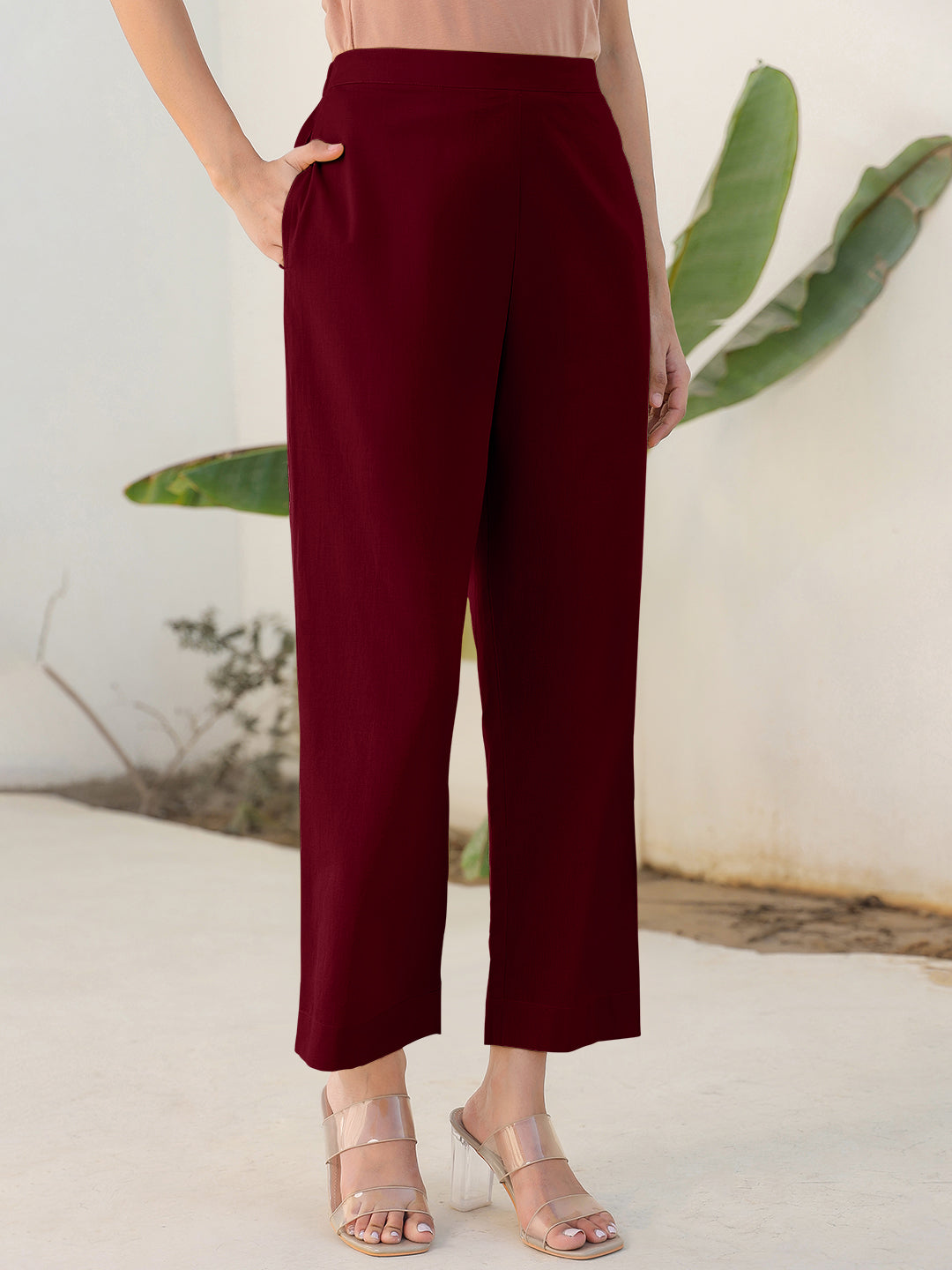 Janasya Maroon Cotton Solid Pant
