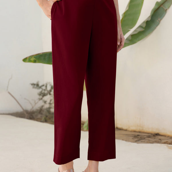 Janasya Maroon Cotton Solid Pant