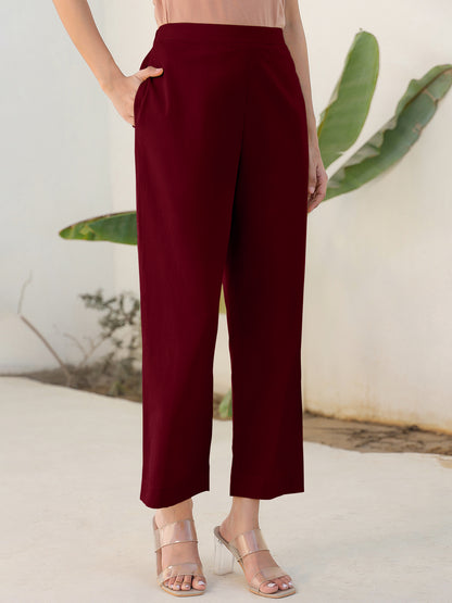 Janasya Maroon Cotton Solid Pant - Distacart