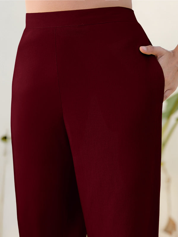 Janasya Maroon Cotton Solid Pant