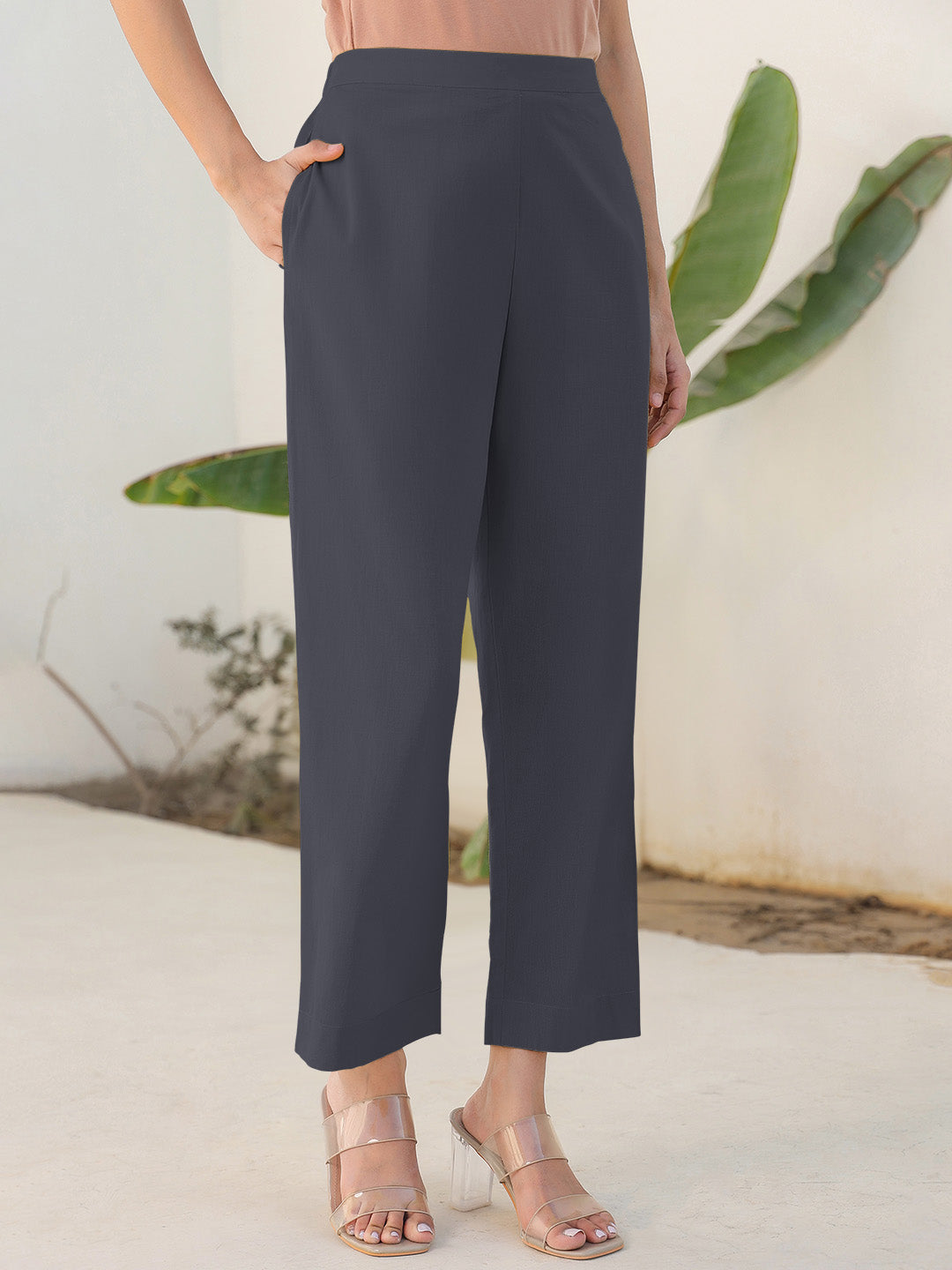 Janasya Grey Cotton Solid Pant