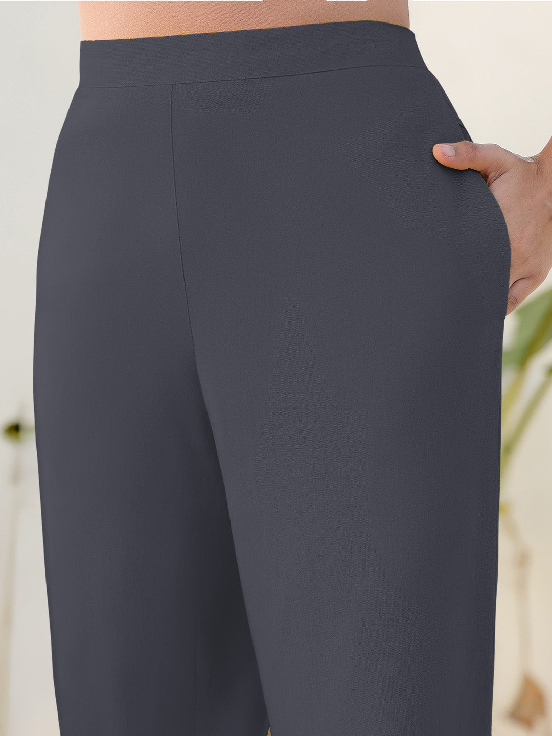 Janasya Grey Cotton Solid Pant