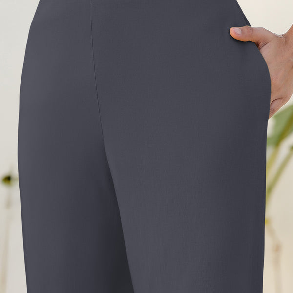 Janasya Grey Cotton Solid Pant