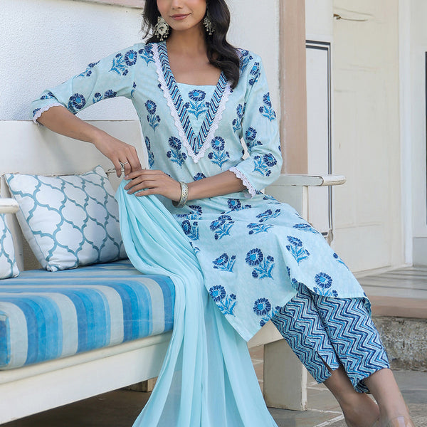 Janasya Light Cotton Floral Straight Kurta Set