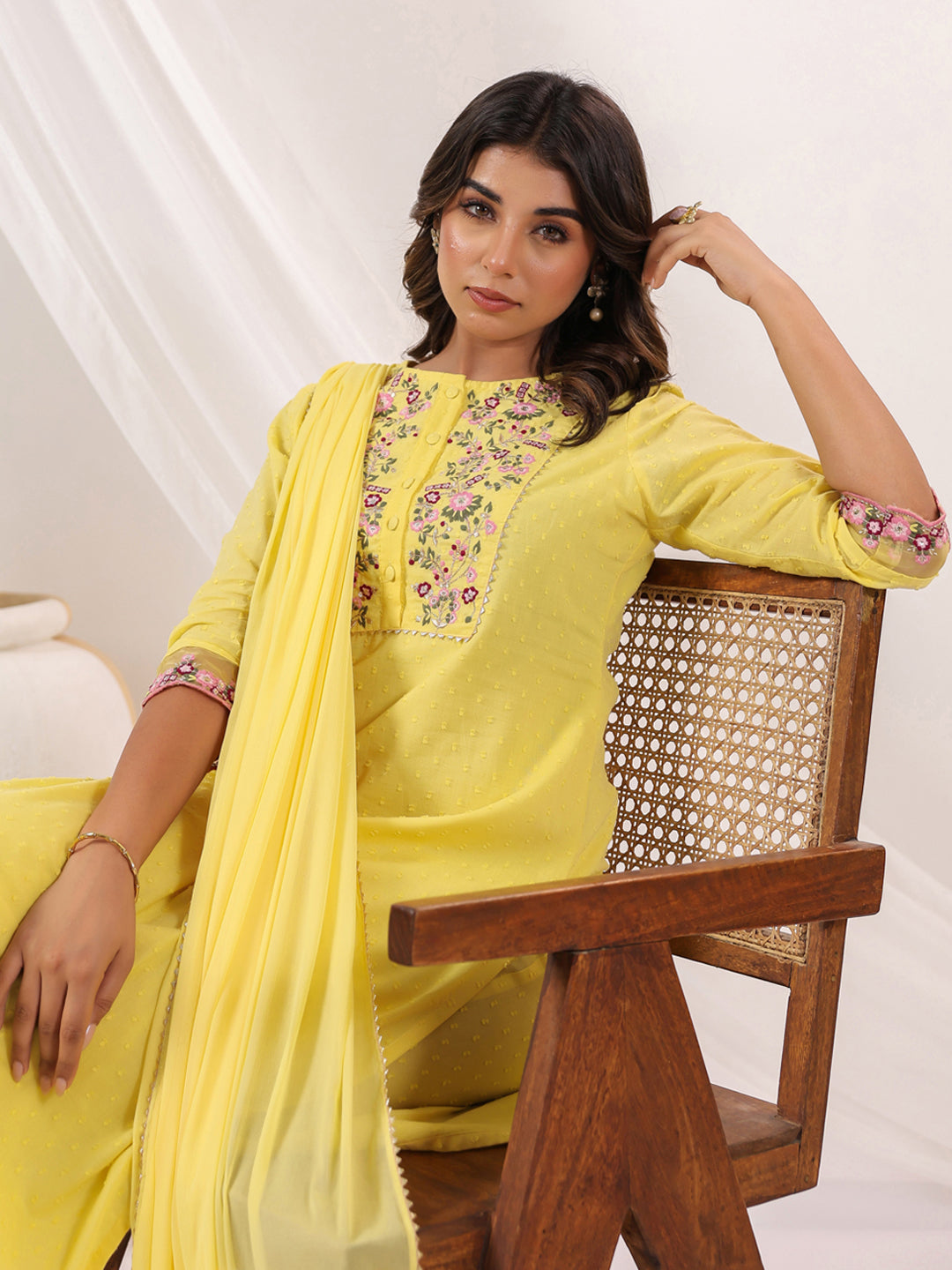 Janasya Light Dobby Cotton Embroidered Straight Kurta Set