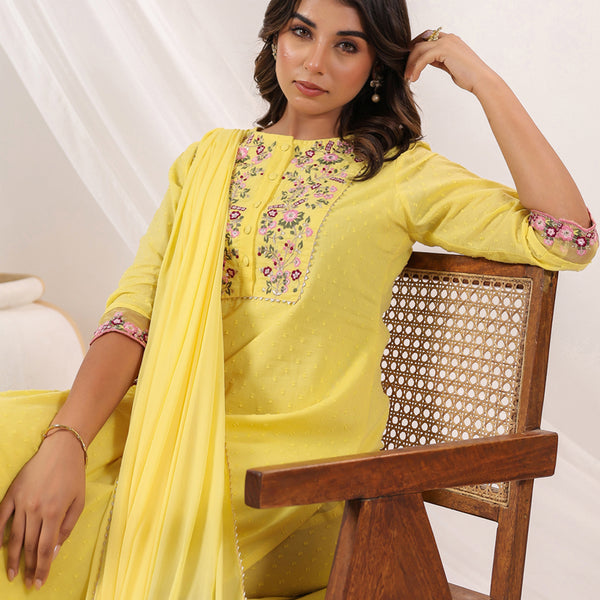 Janasya Light Dobby Cotton Embroidered Straight Kurta Set