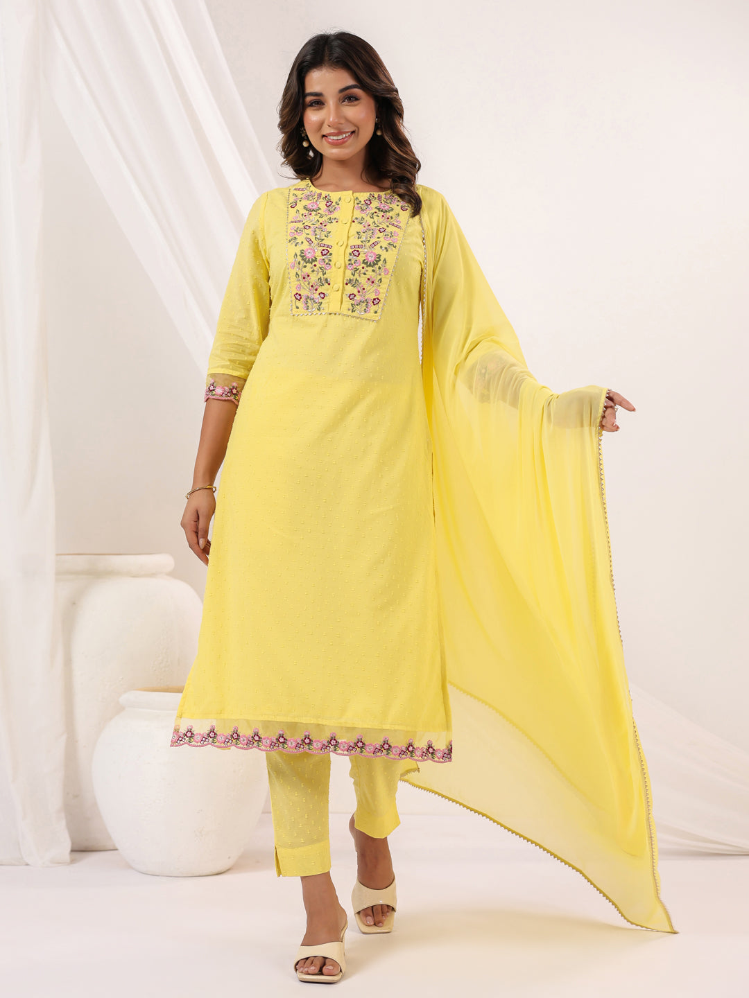 Janasya Light Dobby Cotton Embroidered Straight Kurta Set