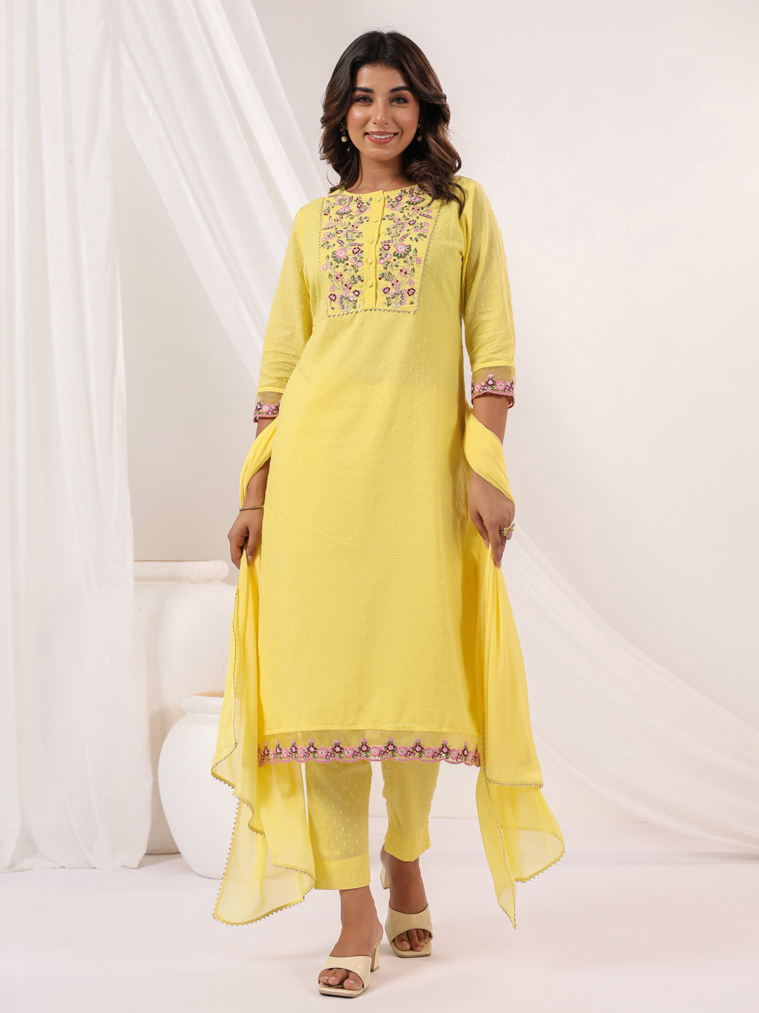 Janasya Light Dobby Cotton Embroidered Straight Kurta Set