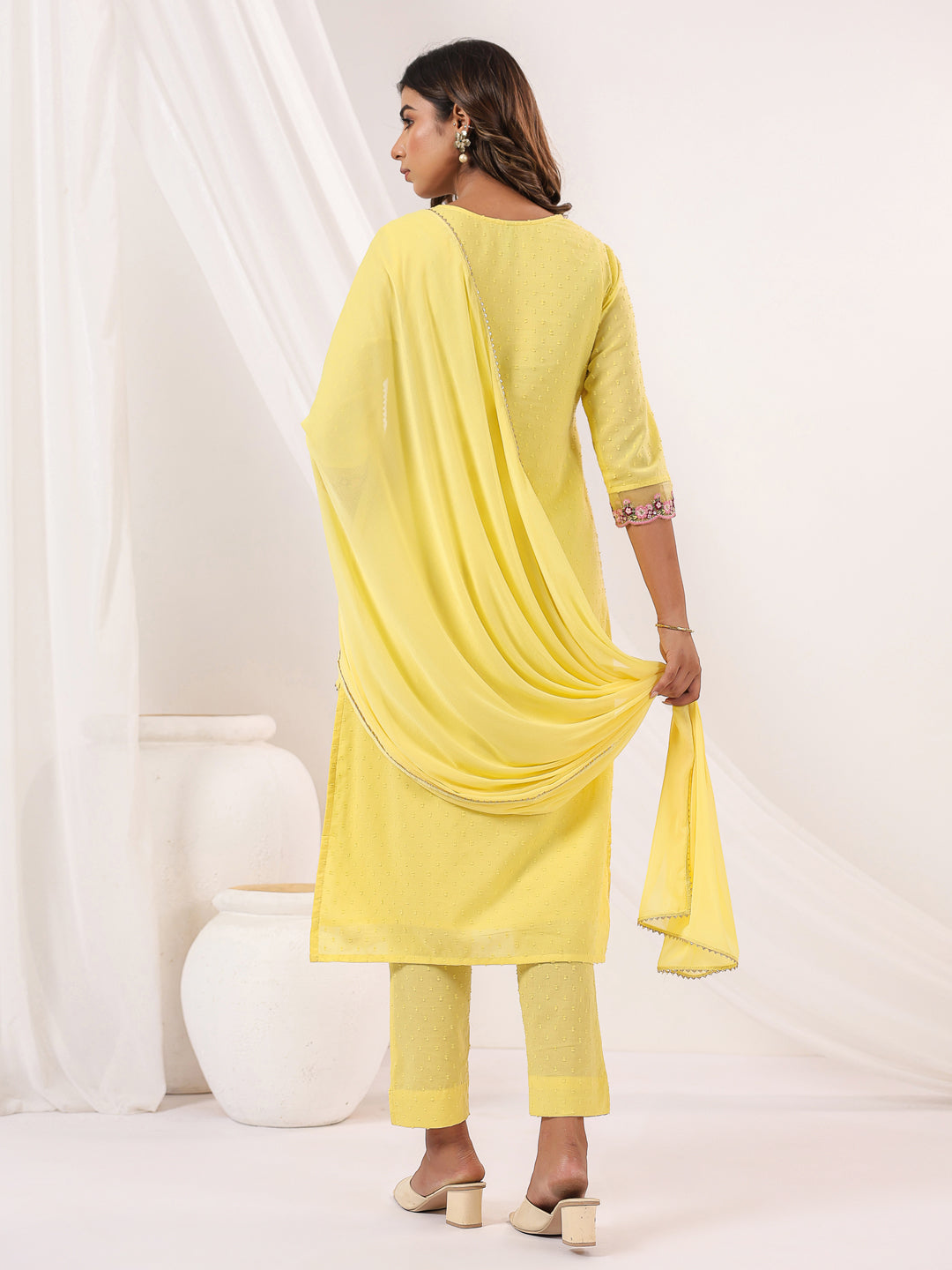 Janasya Light Dobby Cotton Embroidered Straight Kurta Set
