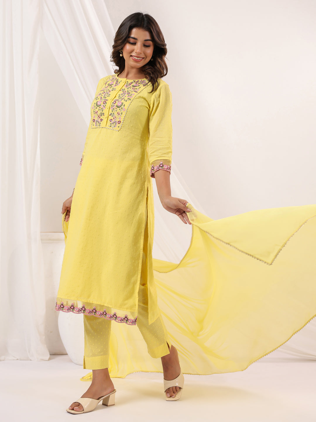 Janasya Light Dobby Cotton Embroidered Straight Kurta Set