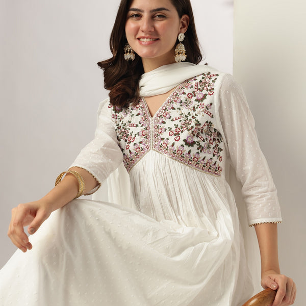 Janasya Light Dobby Cotton Embroidered A-Line Kurta Set