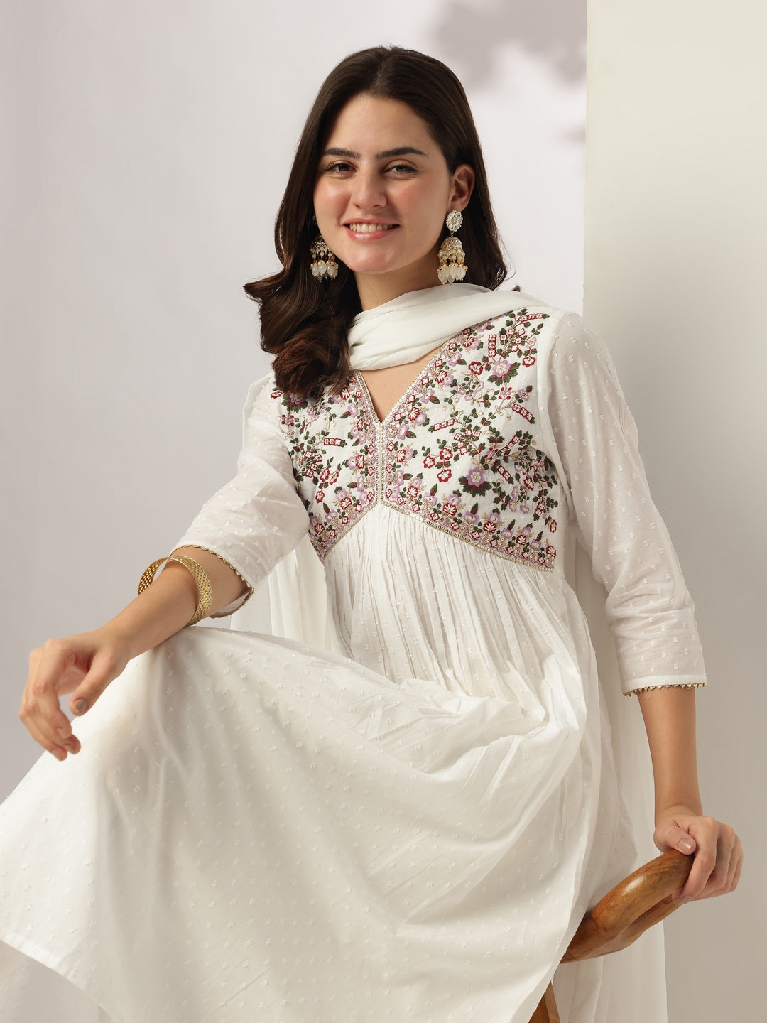 Janasya Light Dobby Cotton Embroidered A-Line Kurta Set - Distacart