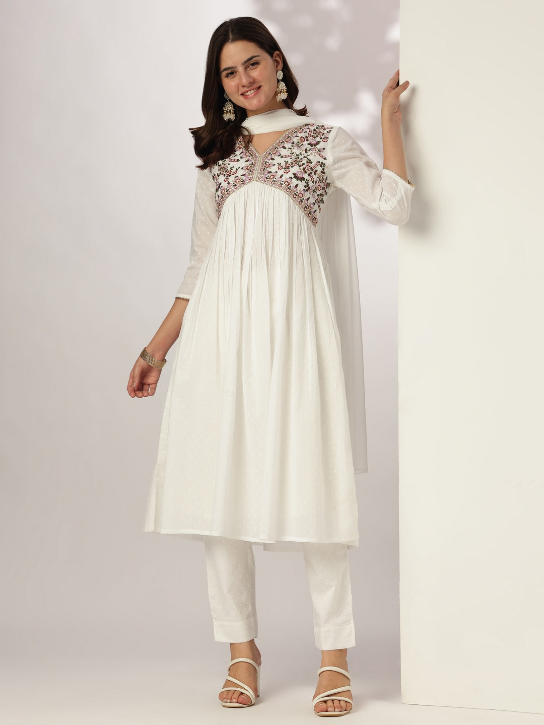 Janasya Light Dobby Cotton Embroidered A-Line Kurta Set