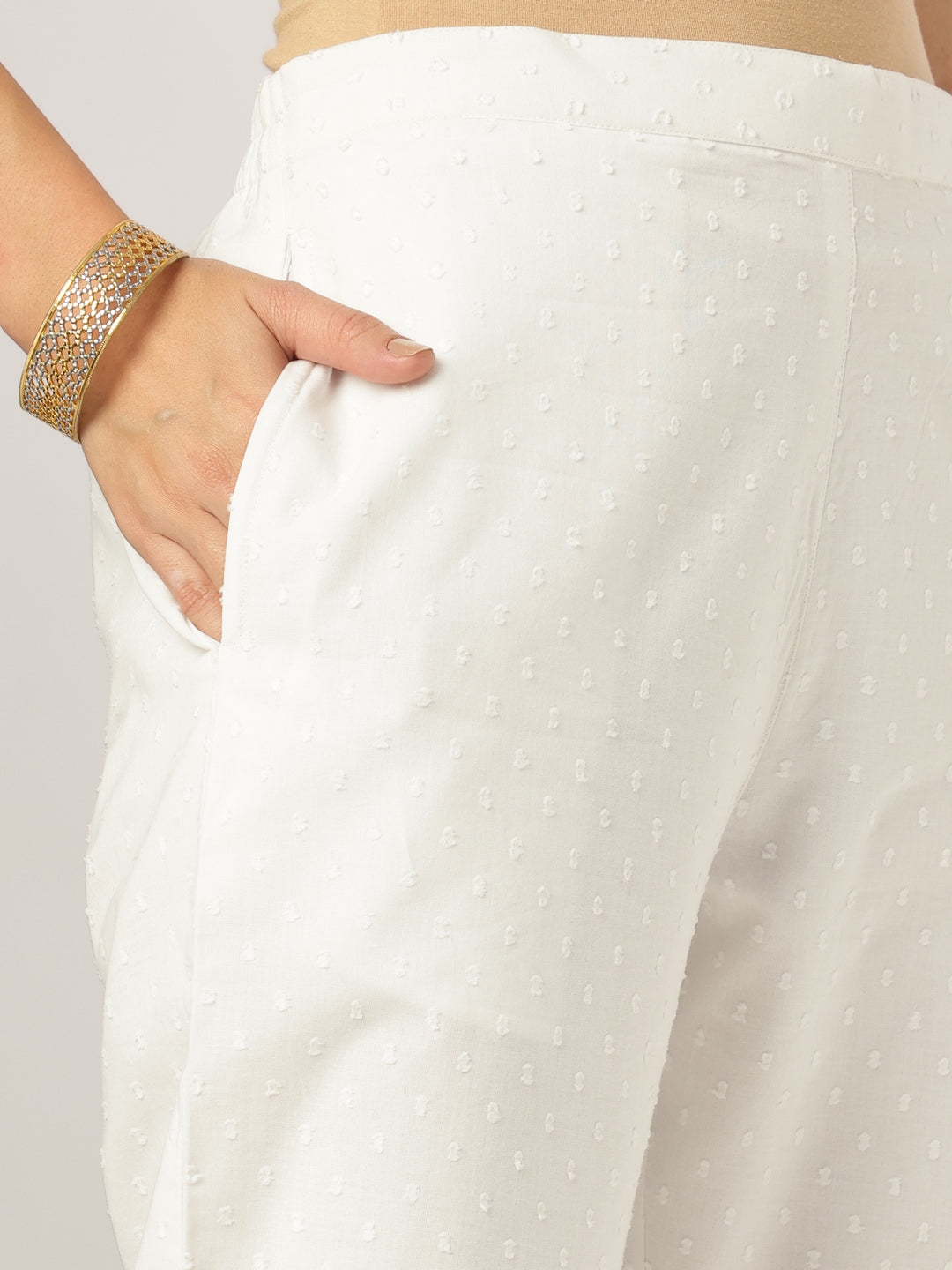 Janasya Light Dobby Cotton Embroidered A-Line Kurta Set
