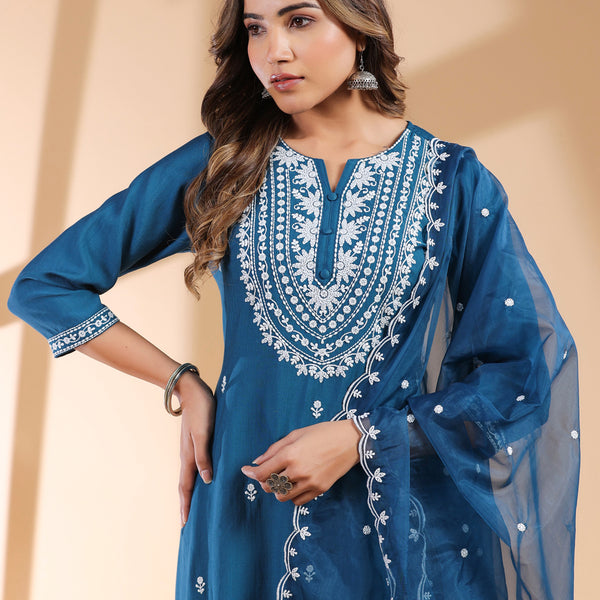 Janasya Dark Silk Blend Embroidered Straight Kurta Set