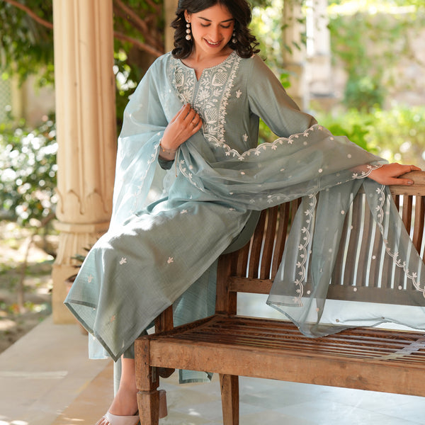 Janasya Light Silk Blend Embroidered Straight Kurta Set
