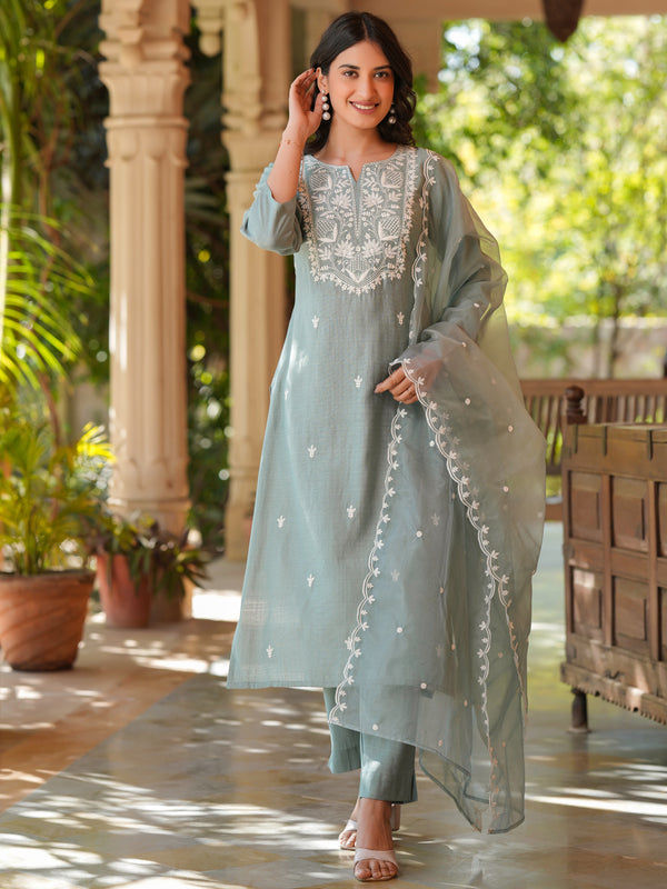 Janasya Light Silk Blend Embroidered Straight Kurta Set