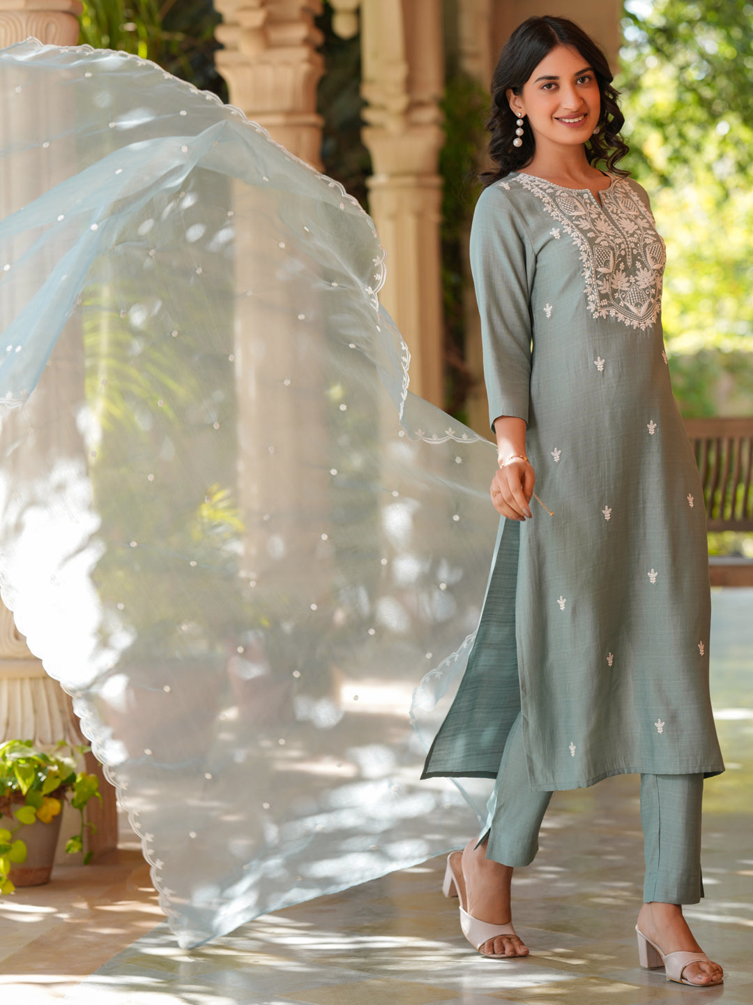 Janasya Light Silk Blend Embroidered Straight Kurta Set