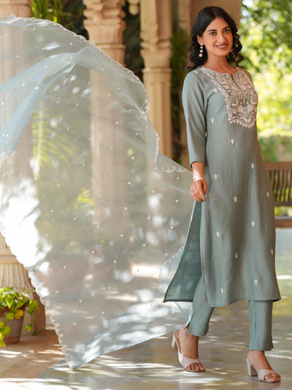 Janasya Light Silk Blend Embroidered Straight Kurta Set - Distacart