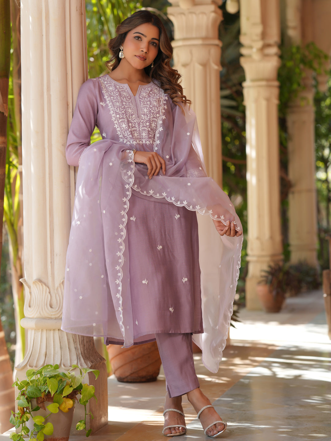 Janasya Light Silk Blend Embroidered Straight Kurta Set