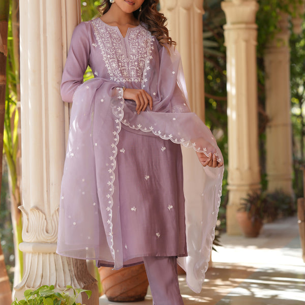 Janasya Light Silk Blend Embroidered Straight Kurta Set