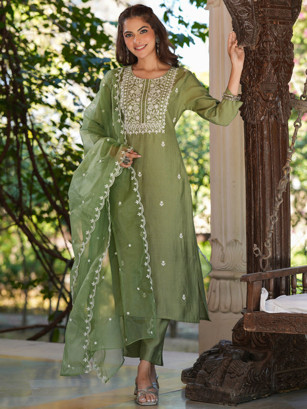 Janasya Dark Silk Blend Embroidered Straight Kurta Set