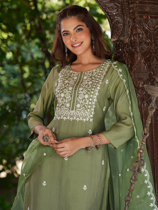 Janasya Dark Silk Blend Embroidered Straight Kurta Set