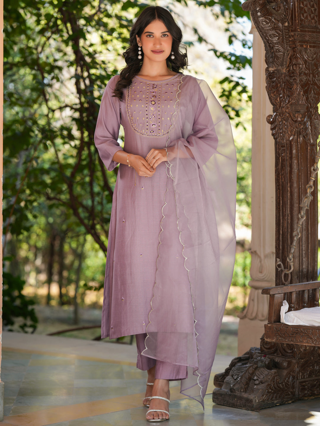 Janasya Light Silk Blend Embroidered Straight Kurta Set