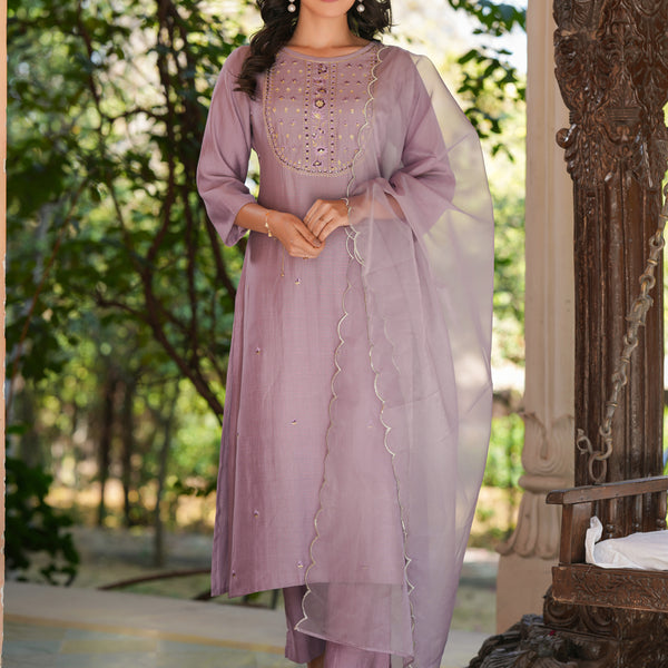 Janasya Light Silk Blend Embroidered Straight Kurta Set