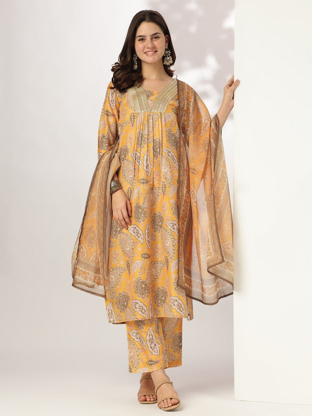 Janasya Bright Silk Blend Floral Straight Kurta Set