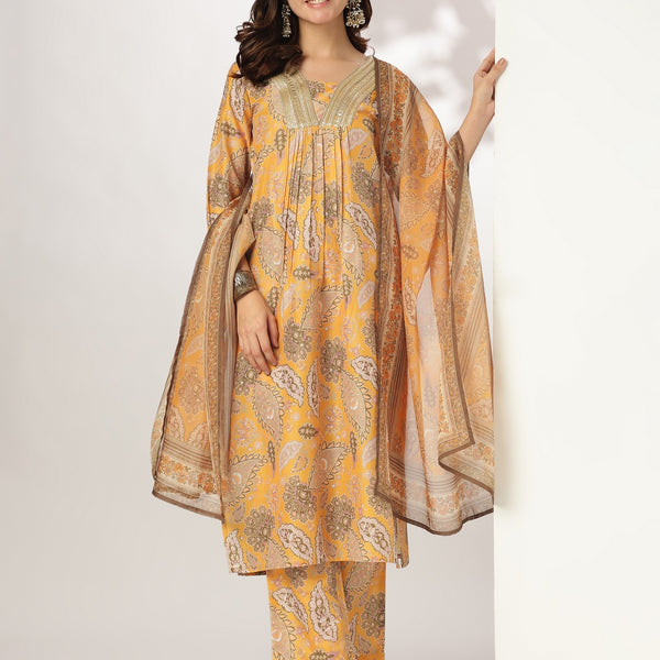 Janasya Bright Silk Blend Floral Straight Kurta Set - Distacart