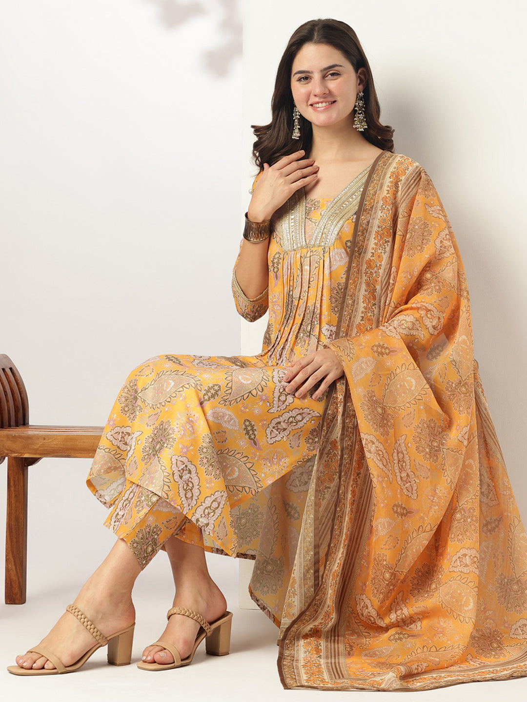 Janasya Bright Silk Blend Floral Straight Kurta Set