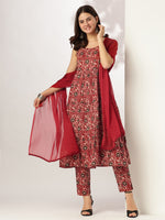 Thumbnail for Janasya Dark Cotton Floral Tiered Kurta Set